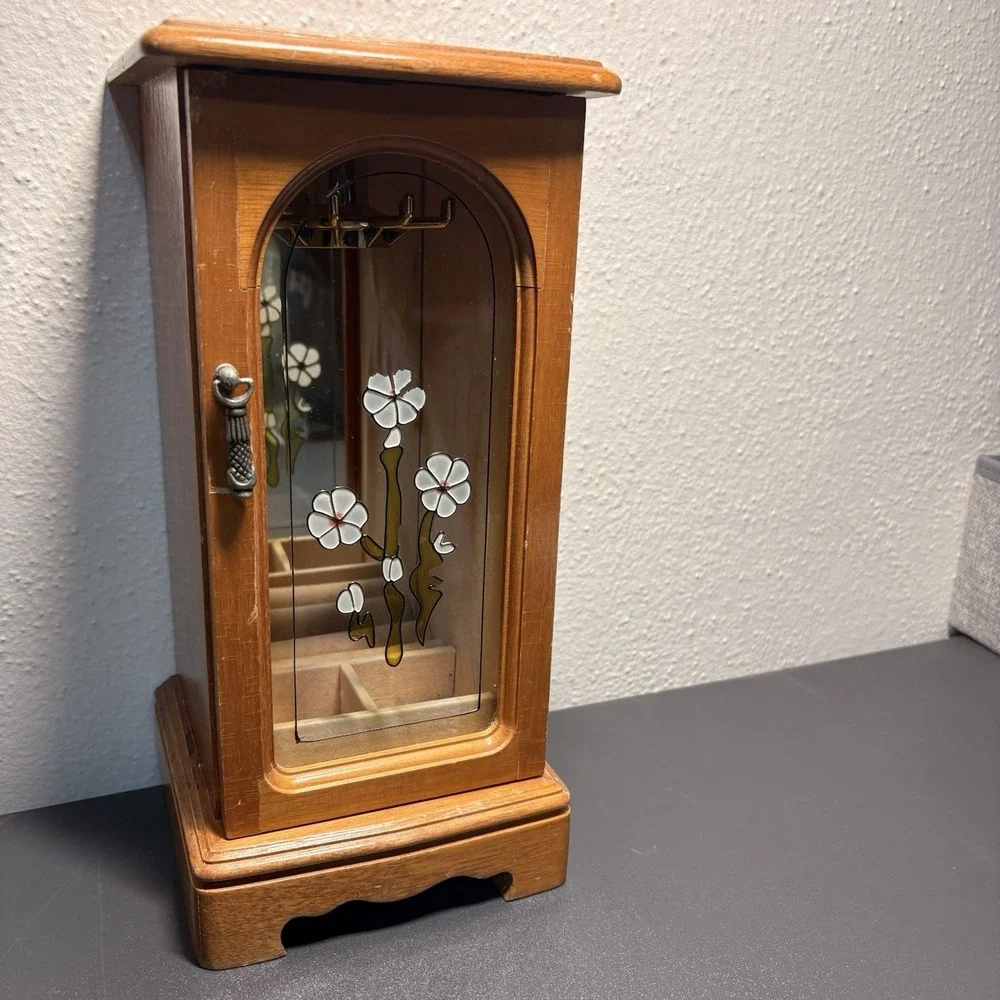 Vintage Brown Wooden Floral Jewelry Box with Glass Door and Compartments